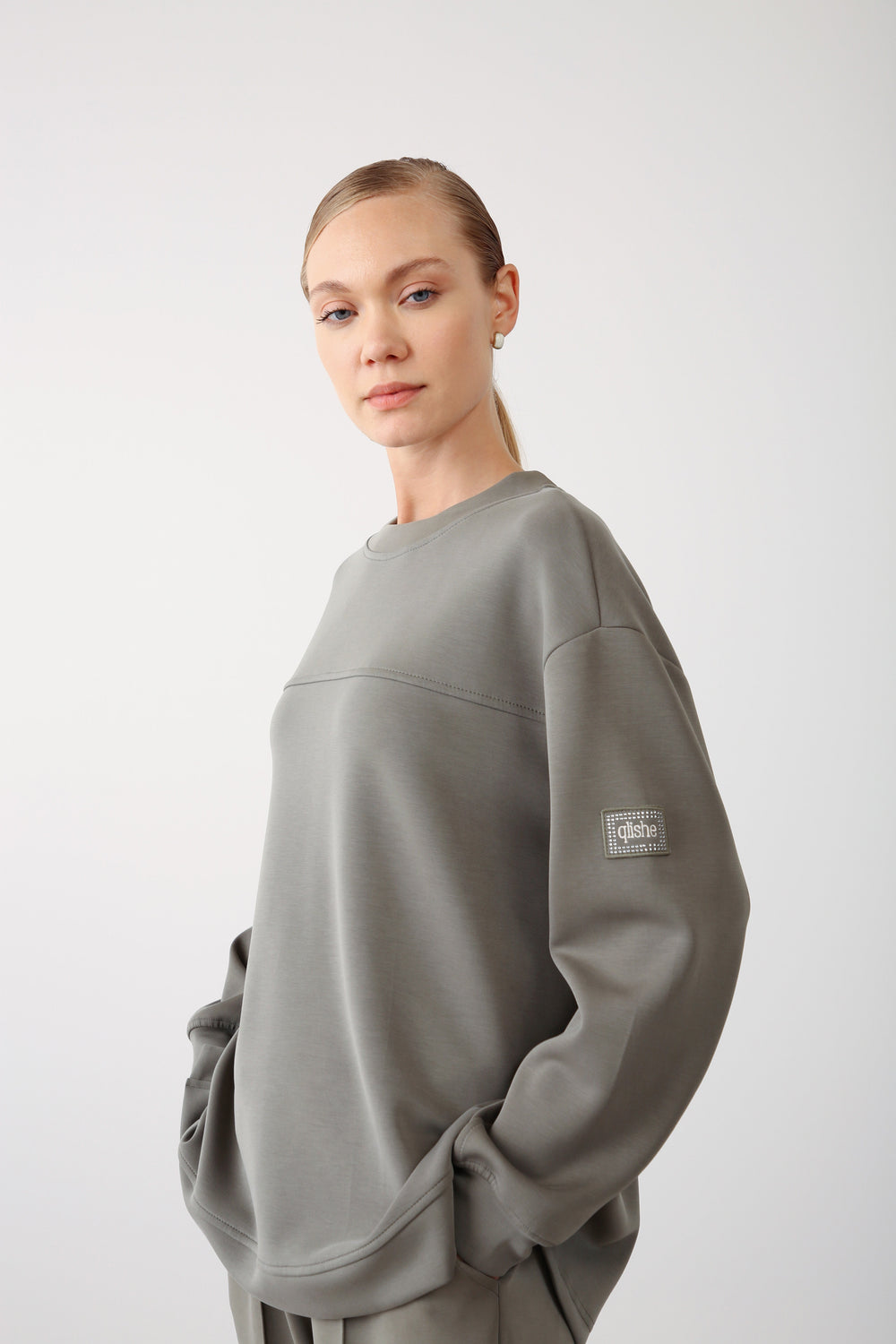 Side Snap Button Detail Sweatshirt - Khaki - QLISHE