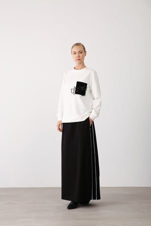 Side Stripe Detailed Elastic Waist Skirt - Black - QLISHE