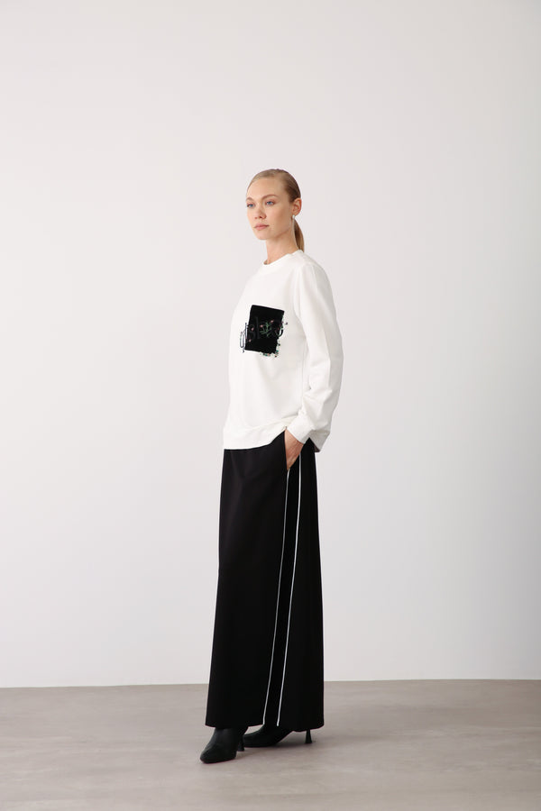 Side Stripe Detailed Elastic Waist Skirt - Black - QLISHE