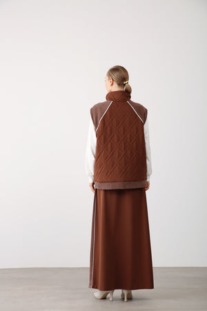 Side Stripe Detailed Elastic Waist Skirt - Brown - QLISHE