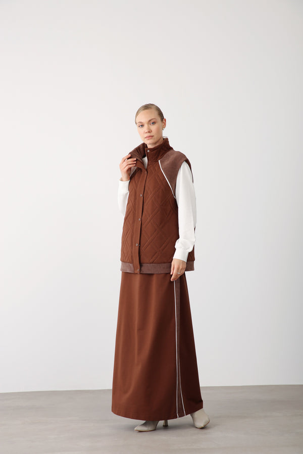 Side Stripe Detailed Elastic Waist Skirt - Brown - QLISHE