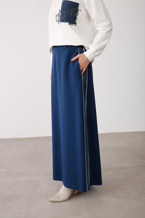 Side Stripe Detailed Elastic Waist Skirt - Indigo - QLISHE