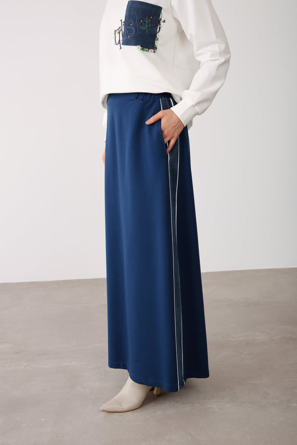 Side Stripe Detailed Elastic Waist Skirt - Indigo - QLISHE