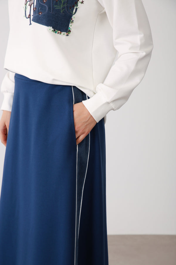 Side Stripe Detailed Elastic Waist Skirt - Indigo - QLISHE