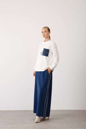 Side Stripe Detailed Elastic Waist Skirt - Indigo - QLISHE