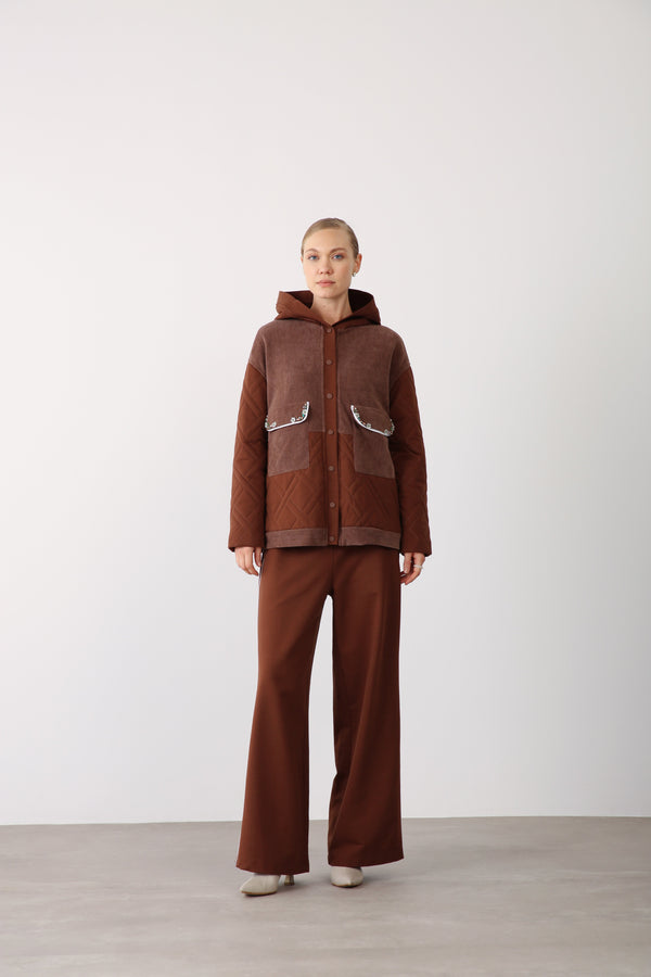 Wide - Leg Elastic Waist Pants - Brown - QLISHE