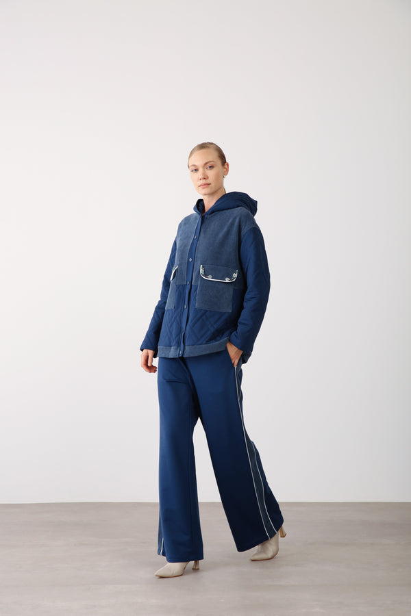 Wide - Leg Elastic Waist Pants - Indigo - QLISHE