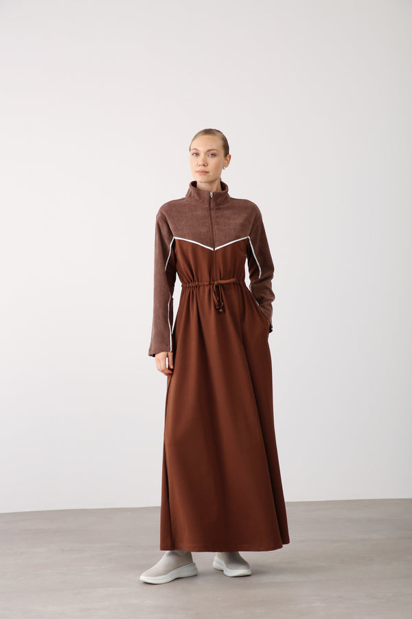 Zipper Detailed Maxi Dress - Taba - QLISHE