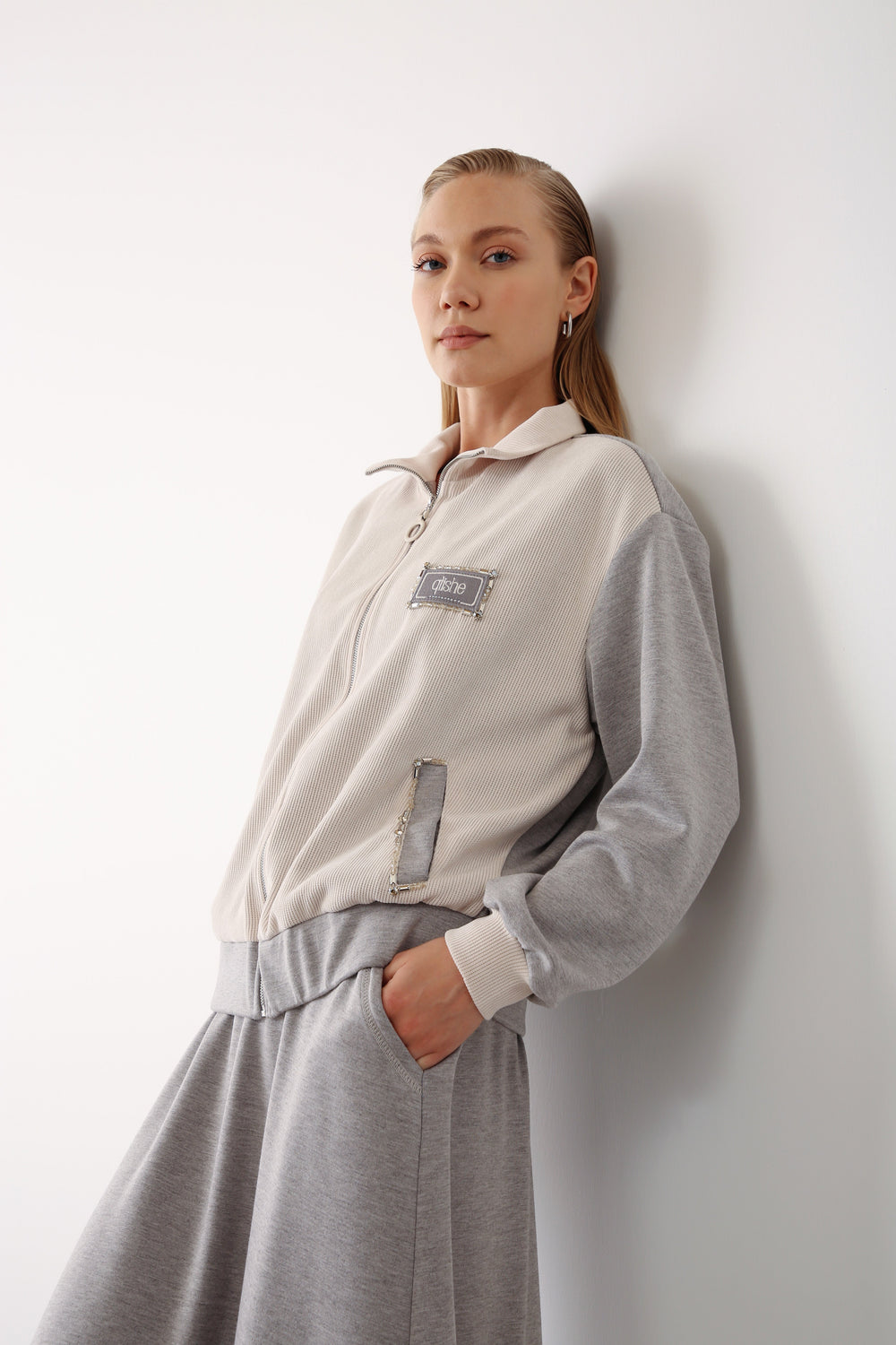 Zippered Jacket with Skirt Two - Piece Set – Grey - QLISHE